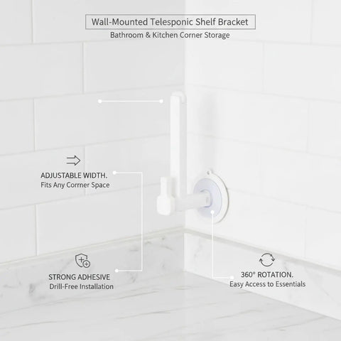 Wall-mounted telescopic plastic shelf bracket with rotating base and adhesive, corner organizer for bathroom and kitchen.