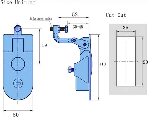Heavy Duty Stainless Steel Boat Compression Latch 52mm Adjustable Flush Mount dimensions diagram with adjustment bolts and cut-out specifications.