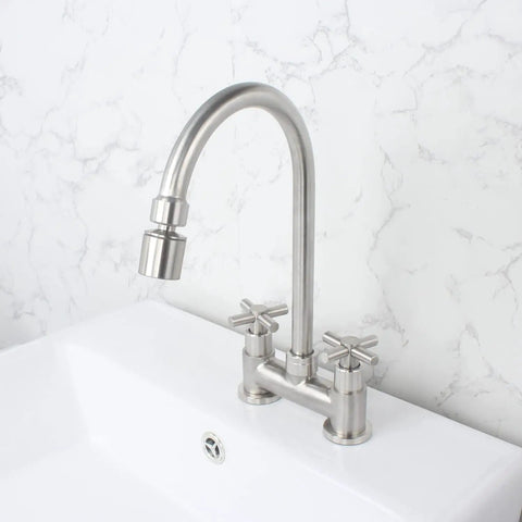 2 Hole 4 Inch Deck Mount Bar Prep Faucet With Brushed Nickel Finish, 2 Handle Commercial Kitchen Utility Sink Faucet In Stainless Steel With Aerator Durable Construction For Heavy Use In Restaurants And Home Bar Setups, Easy To Install And Clean.