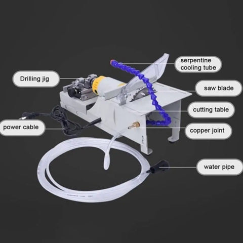Gemstone Polisher Grinder Buffer Machine For Jewelry Making with labeled parts, including cutting table and serpentine cooling tube.