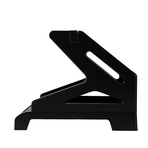 Side view of black Thermal Label Holder For Rolls And Fan Fold Labels, Easy Stand For Desktop Label Printer, home office use.