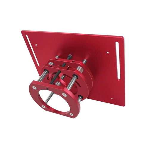Smooth CNC Aluminum Router Lift Kit With Sleek Red Insert Plate And Tough Rock Solid Mounting Bracket For 65mm Motors side view showing red insert plate and metal structure.