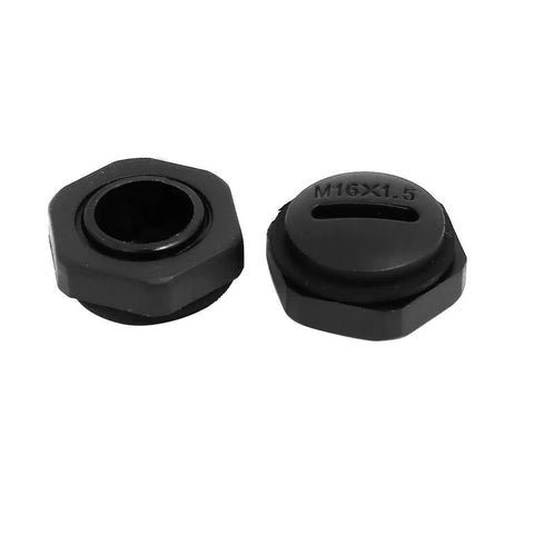 M16 Nylon Cable Gland Cap End Plug Black 10 Pack For Threaded Cable Glands Sealing And Debris Blocking, front and top views.