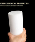 Hand holding PTFE Teflon Rod Bar Stock Half Inch Diameter Forty Inch Length, showcasing stable chemical properties.