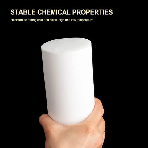 Hand holding PTFE Teflon Rod Bar Stock Half Inch Diameter Forty Inch Length, showcasing stable chemical properties.