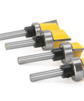 Four Piece Quarter Inch Shank Hinge Mortising Flush Trim Template Router Bit Set with Ball Bearing Carbide Tipped Bits, close-up view.