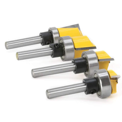 Four Piece Quarter Inch Shank Hinge Mortising Flush Trim Template Router Bit Set with Ball Bearing Carbide Tipped Bits, close-up view.
