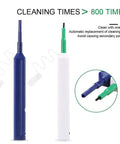Two fiber optic cleaner pens, blue and white, with one-click cleaning for LC/SC/ST fiber connectors