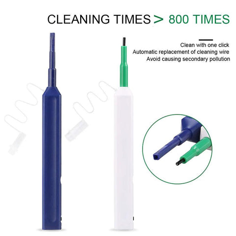 Two fiber optic cleaner pens, blue and white, with one-click cleaning for LC/SC/ST fiber connectors