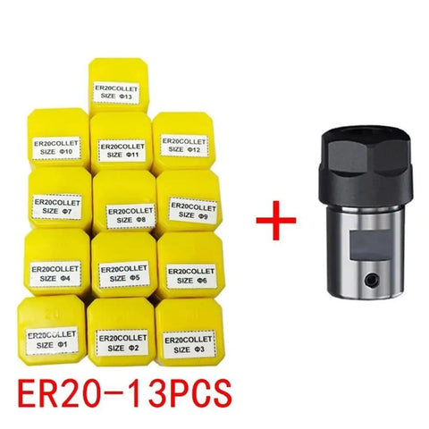 Heavy Duty Er11 Er16 Er20 Spring Collet Set With Nuts And Spindle Motor Shaft Extension Rod For Precision Cnc Lathe And Engraving Tools, 13 yellow collets showing various sizes.