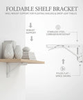 Foldable Stainless Steel Shelf Brackets for Wall Mounts showcasing bracket in use and folded state with text descriptions.