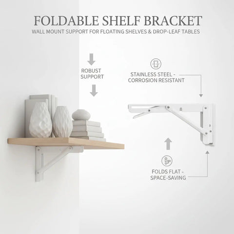 Foldable Stainless Steel Shelf Brackets for Wall Mounts showcasing bracket in use and folded state with text descriptions.