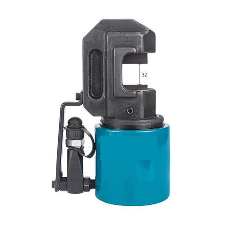 Heavy Duty Electric Hydraulic Rebar Cutter For 8-32mm Steel Bars And Round Rods Portable Plier Style Shearing Machine Quick Cut Tool For Construction Sites No Pump Needed Durable Blade Housing close-up of cutting jaw and blue housing.