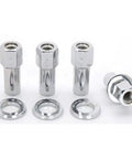 Top Shelf Chrome Steel Lug Nuts 1/2-20 Thread 13/16 Hex Head Shank Seat Open End Build Killer Grip For Drag Strip Nights And Backyard Garage Projects Includes Greased Hardware Complete Set Of Four, showing chrome nuts with washers.