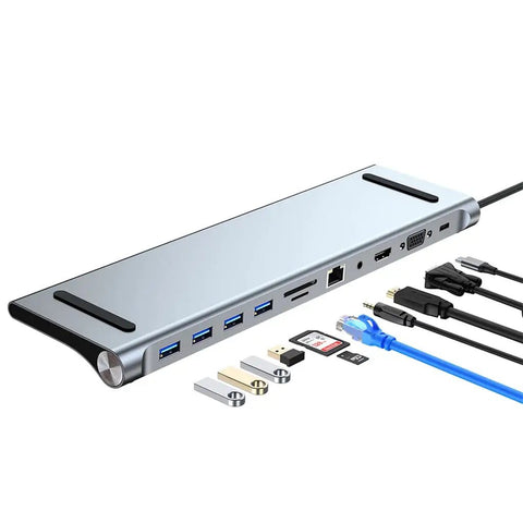 Sleek USB Type C Docking Station With Dual Display Hookup For Laptops Plug And Play Config, showing ports and connectors.