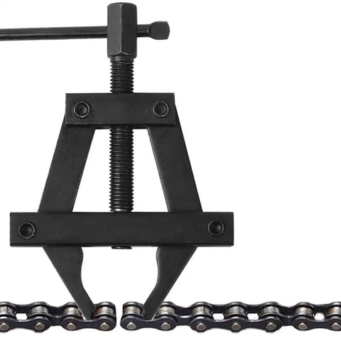 Heavy Duty Motorcycle Chain Tensioner Tool Large Steel Multifunctional Bike Chain Tightener, detailed top view on chain.