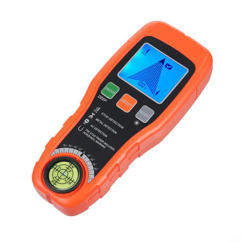 Minhe 7-in-1 Wall Detector with Smart Sensor | Handheld Stud Finder for Metal, Wood, AC Wire | LCD Display, Audio Alarm, Built-in Level close-up view of front panel showing detection modes and display.