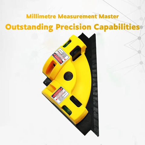 Square Laser Level With Two 90 Degree Red Laser Lines For Flooring, Tile, Wood, And Wall Installations, One Touch Projection For Quick Horizontal And Vertical Datums, Visible Up To 30 Feet, Fast Setup And Precise Right Angles. Yellow plastic square laser level with black edge and bubble vials.