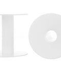 2 Inch White Plastic Spools 16 Pack Empty Spools For Storing Ribbon Thread Cord Rope Wire String Chain And Jewelry Making Supplies Ideal For DIYers And Makers To Organize Craft Projects. Side and face view of spool.