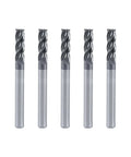 Five 1/8-inch carbide square-end mills, 4-flute, with silver shanks