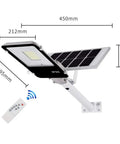 JUDYSSY Led Solar Street Light, dimensions shown, IP65 waterproof aluminum outdoor lamp with solar panel and remote.