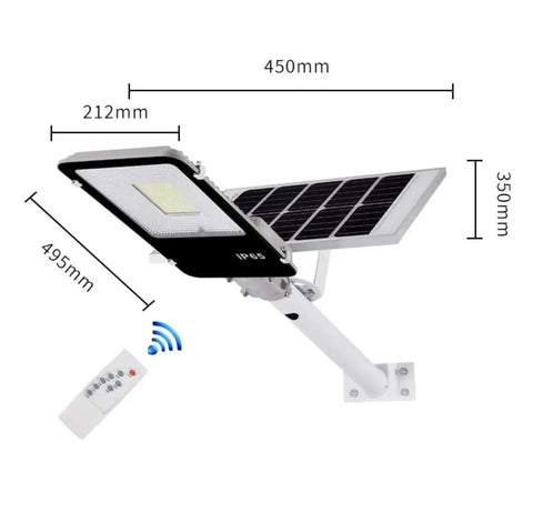 JUDYSSY Led Solar Street Light, dimensions shown, IP65 waterproof aluminum outdoor lamp with solar panel and remote.