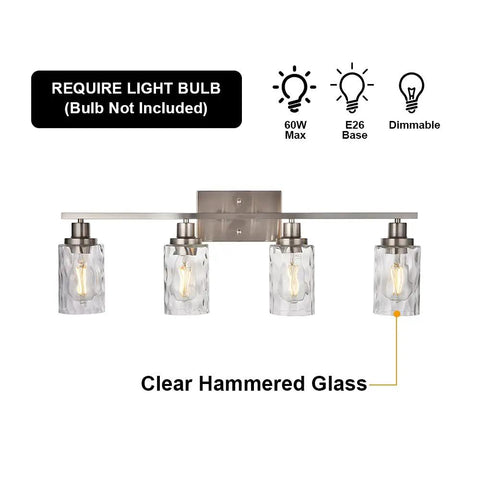 4 Light Vanity Light Fixtures For Bathroom With Brushed Nickel Finish And Hammered Glass Shades Dope Modern Wall Sconces Bath Lighting Bar E26 Base Compatible Sleek Minimalist Vanity Lighting