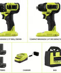 Compact 18V Brushless Drill And Impact Driver Combo Kit With 2 15Ah Batteries Charger And Rolling Tote showing drill and impact driver.