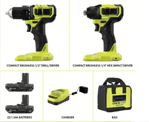 Compact 18V Brushless Drill And Impact Driver Combo Kit With 2 15Ah Batteries Charger And Rolling Tote showing drill and impact driver.