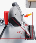 Close-up of Heavy Duty Benchtop Table Saw For Woodworking And Weekend Warriors Providing Swift Carving Polishing Drilling Plus Accurate Milling With a Chill Motor That Never Breaks a Sweat, showing blade angle adjustment.