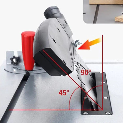 Close-up of Heavy Duty Benchtop Table Saw For Woodworking And Weekend Warriors Providing Swift Carving Polishing Drilling Plus Accurate Milling With a Chill Motor That Never Breaks a Sweat, showing blade angle adjustment.