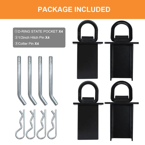 Package includes: 4 D-ring stake pockets, 1/2 inch hitch pins, cotter pins. Beefy 4 Pack 16200 Lb Trailer Stake Pocket D Ring Tie Downs.