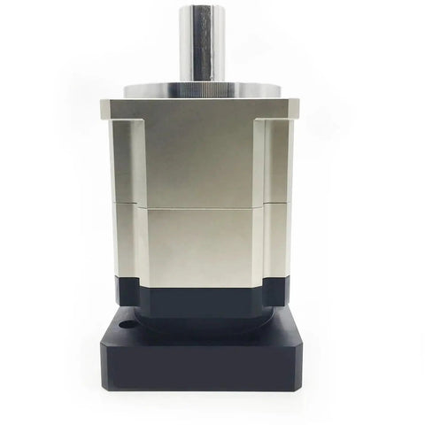 Rock Solid High Precision Helical Gear Planetary Gearbox Servo Reducer With Killer Torque Ratios From Five To One Up To One Hundred To One And Nine Zero Millimeter Flange Mounting Shaft Options For Smooth Motor Control, metallic finish, front view.