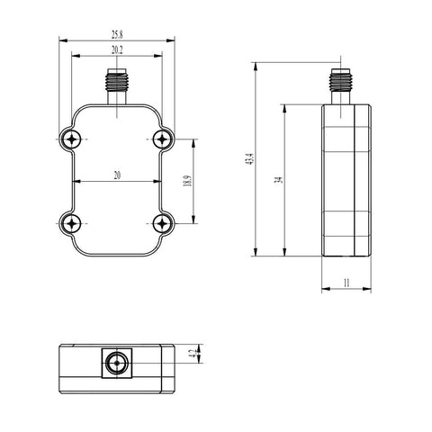 Technical drawing of 2.4G LoRa Telemetry Radio for Drones and Robotics LR24-F Data Transmitter Module, dimensions and design details