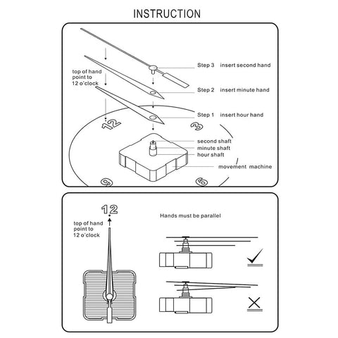 Instructions for High Torque Silent DIY Wall Clock Movement Kit With Two Quartz Movements, showing hand installation steps.