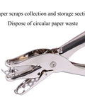 Handheld Metal Circle Hole Punch 6mm For Scrapbooking Loose Leaf Paper shown cutting paper with scrap collection feature