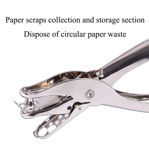 Handheld Metal Circle Hole Punch 6mm For Scrapbooking Loose Leaf Paper shown cutting paper with scrap collection feature