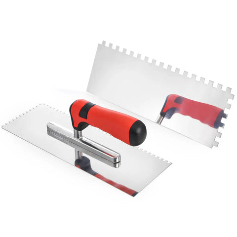 Three Piece Concrete Trowel Set With Stainless Steel Square Notched And Flat Finishing Trowels For Tile Cement Drywall Plaster And Masonry Pro Level Handy Hand Tool Kit