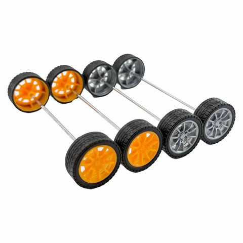 Close-up of assembled Twenty Piece Toy Wheel Set With 2mm Shaft Holes For DIY RC Cars, featuring orange and silver rubber tire wheels.