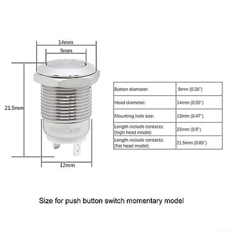 Momentary 12V Push Button Switch 12mm Waterproof Metal 2P Pre-Wired For Auto Marine Industrial Control Panels Silver, Space Saving Design, Easy Install, Returns To Off On Release. 12mm metal switch size diagram
