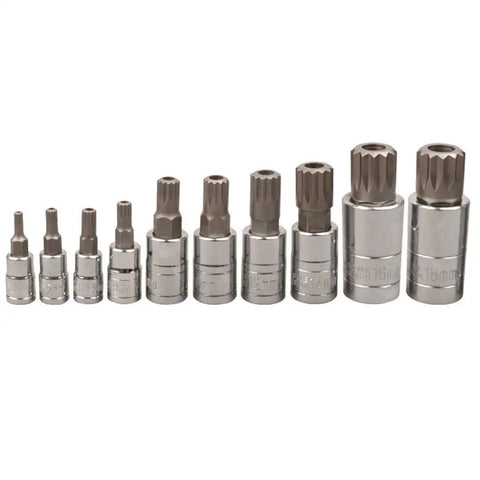 10 Piece 12 Point Triple Square Spline Bit Socket Set For Automotive Tool Kit With Heavy Duty Chrome Alloy Steel Bits in a row