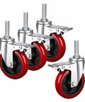 Heavy Duty Dual Locking Swivel Caster Wheels With M16 Threaded Stem Built Tough As Nails PU set of 4, red wheels with metal stem.