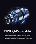 Premium Electric Single Dose Coffee Grinder With 63mm CNC Conical Burrs And Stepless Adjustment Anti Static Ground Collection Bin showing 72W high power motor design.