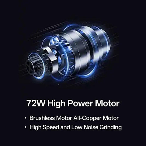 Premium Electric Single Dose Coffee Grinder With 63mm CNC Conical Burrs And Stepless Adjustment Anti Static Ground Collection Bin showing 72W high power motor design.