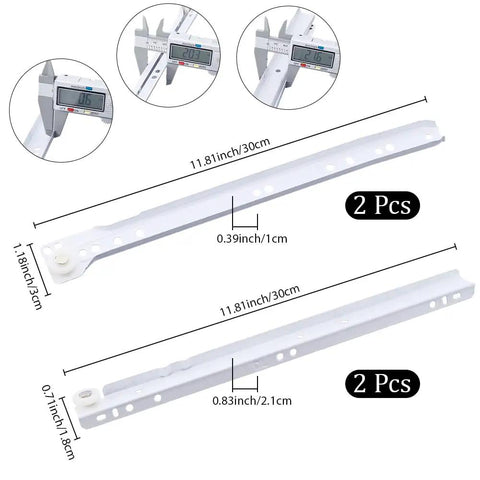 Heavy Duty Bottom Mount Drawer Slides For Furniture, 12 Inch White Steel Cabinet Tracks with dimension markings and calipers.