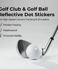 Golf Club And Golf Ball Dope Reflective Dot Stickers For High Speed Camera Tracking Weatherproof Decals Quarter Inch Dots Ideal For Golf Simulators And Practice On Smooth Surfaces Pack Of 546 image showing a golf club and ball with reflective dot stickers.
