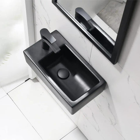 18 Inch Corner Bathroom Sink With Matte Black Faucet Ultra Space Saver Wall Mount Vessel Sink For Tight Nooks