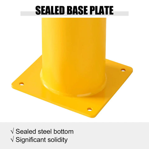 Sealed base plate of Heavy Duty Steel Safety Bollards Industrial Yellow Powder Coat Includes Anchor Bolts for stability.