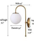 Gold Wall Sconce LED Globe Frosted Glass Shade Modern Bedside Light Fixture dimensions with brushed gold base