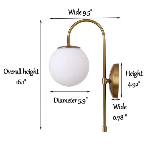 Gold Wall Sconce LED Globe Frosted Glass Shade Modern Bedside Light Fixture dimensions with brushed gold base